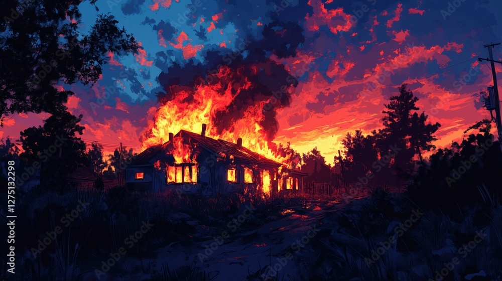 Intense blaze engulfing abandoned house under vivid sky at dusk with bright flames and dark smoke amidst trees and clouds Intense blaze engulfing abandoned house under vivid sky at dusk with bright flames and dark smoke amidst trees and clouds