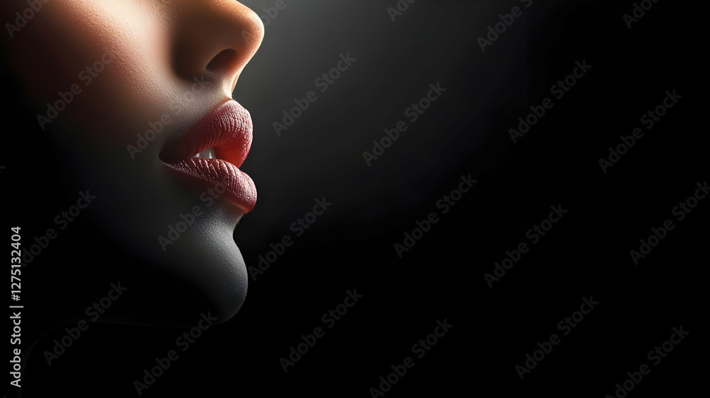 Captured profile of a woman emphasizing soft features and lips against a dramatic black background, symbolizing beauty and elegance.