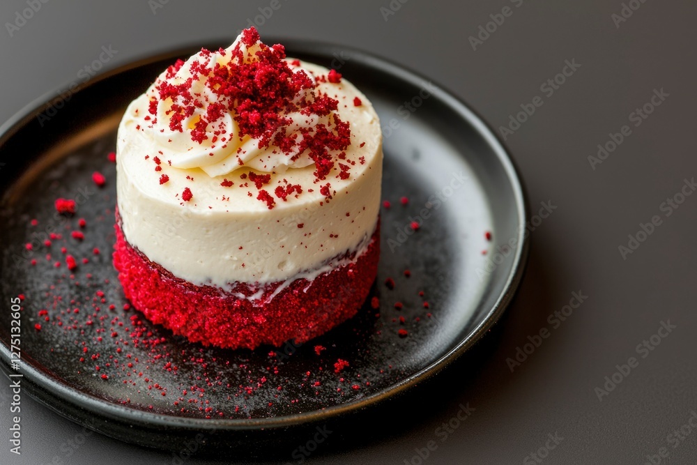 Red velvet cake served on a plate for a tempting dessert, minimal background Red velvet cake served on a plate for a tempting dessert, minimal background