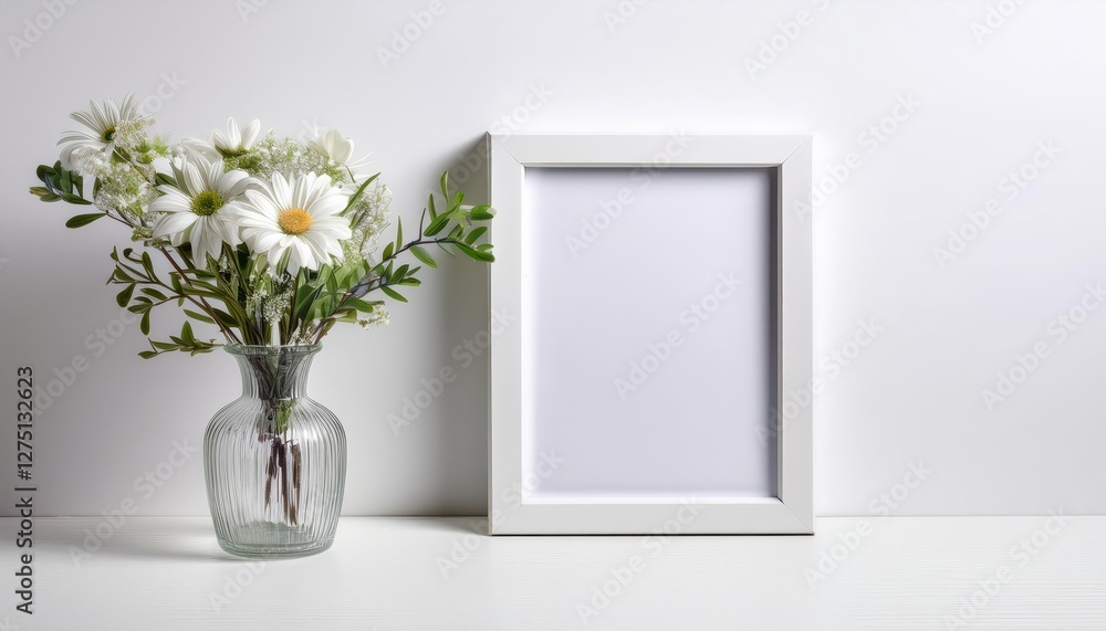 Minimalist White Frame Mockup Showcasing a Vibrant Bouquet of Flowers in a Glass Vase Against a Clean White Backdrop, Perfect for Digital Art, Home Decor, and Modern Design Inspiration Minimalist White Frame Mockup Showcasing a Vibrant Bouquet of Flowers in a Glass Vase Against a Clean White Backdrop, Perfect for Digital Art, Home Decor, and Modern Design Inspiration