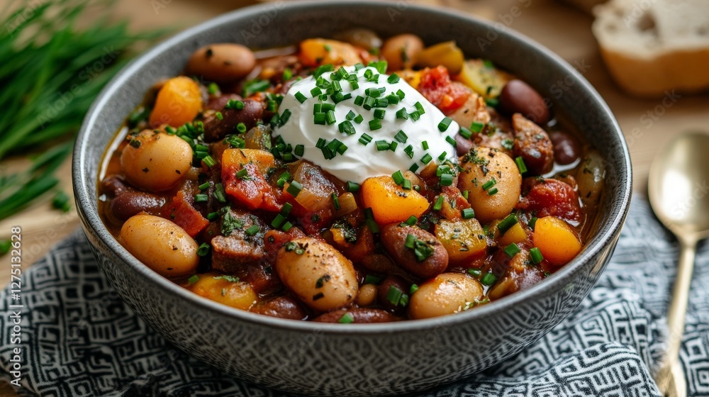 A hearty bowl of mixed bean stew topped with sour cream and chives, served with bread. A hearty bowl of mixed bean stew topped with sour cream and chives, served with bread.