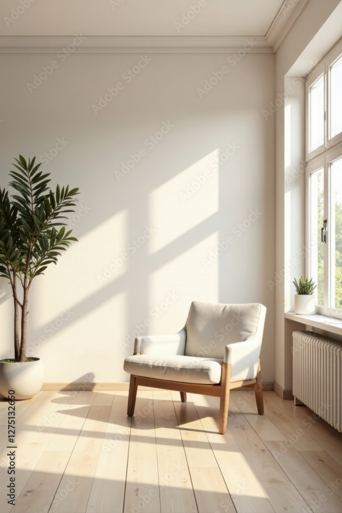 Fototapeta premium Serene Minimalist Interior Design Featuring a Comfortable Armchair in a Sunlit Room with a Potted Plant