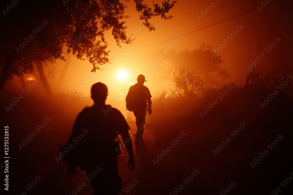 Fototapeta premium Firefighters walking to work in heavy smoke, in the aftermath of a fire