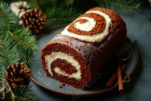 Chocolate roll cake dessert on plate with winter holiday greenery for sharing photo