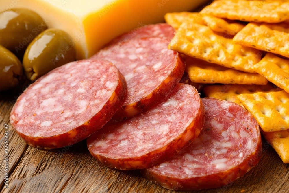 Snack selection salami slices, cheese, olives and crackers on wooden surface Snack selection salami slices, cheese, olives and crackers on wooden surface