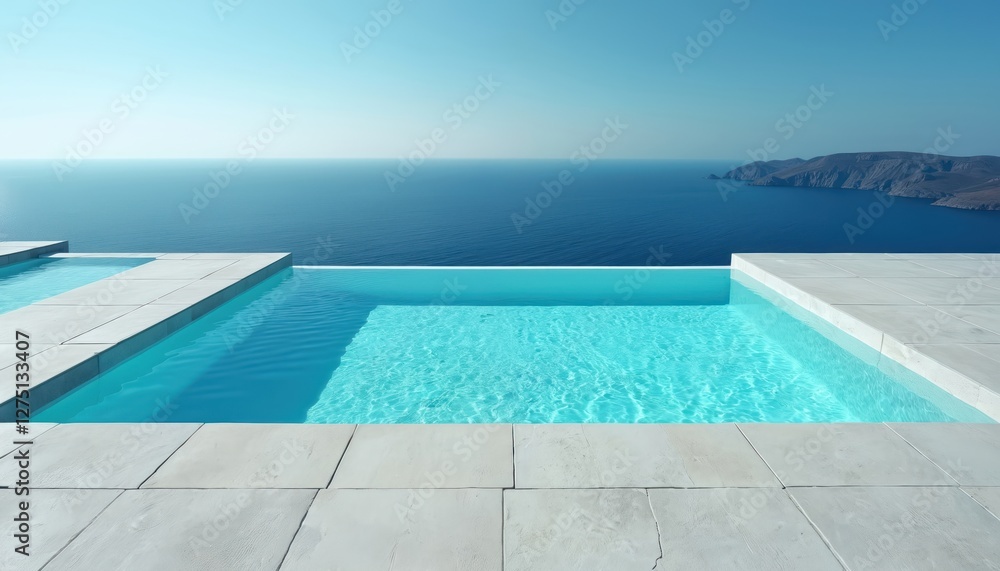 Infinity swimming pool overlooks ocean. Luxury resort pool with turquoise water, sea view, clear sky. Summer vacation at luxury villa. Travel destination, relaxation, vacation, recreation. Infinity swimming pool overlooks ocean. Luxury resort pool with turquoise water, sea view, clear sky. Summer vacation at luxury villa. Travel destination, relaxation, vacation, recreation.