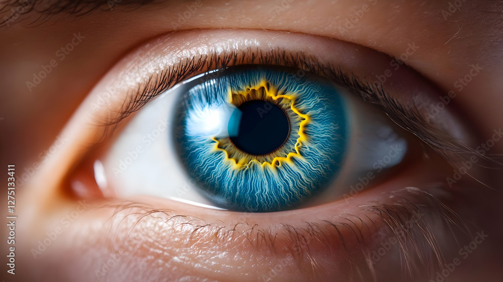 Fototapeta premium Close-up of a human eye showcasing vibrant blue color and intricate patterns, symbolizing vision and perception.