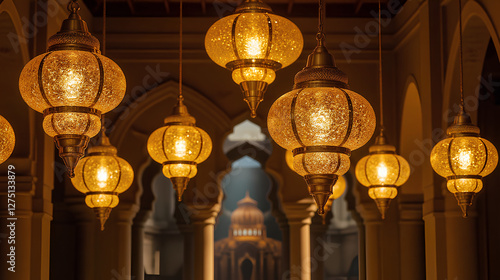 Ornate Golden Chandeliers with Intricate Islamic Designs Casting Warm Ramadan Glow - Ramadan Kareem