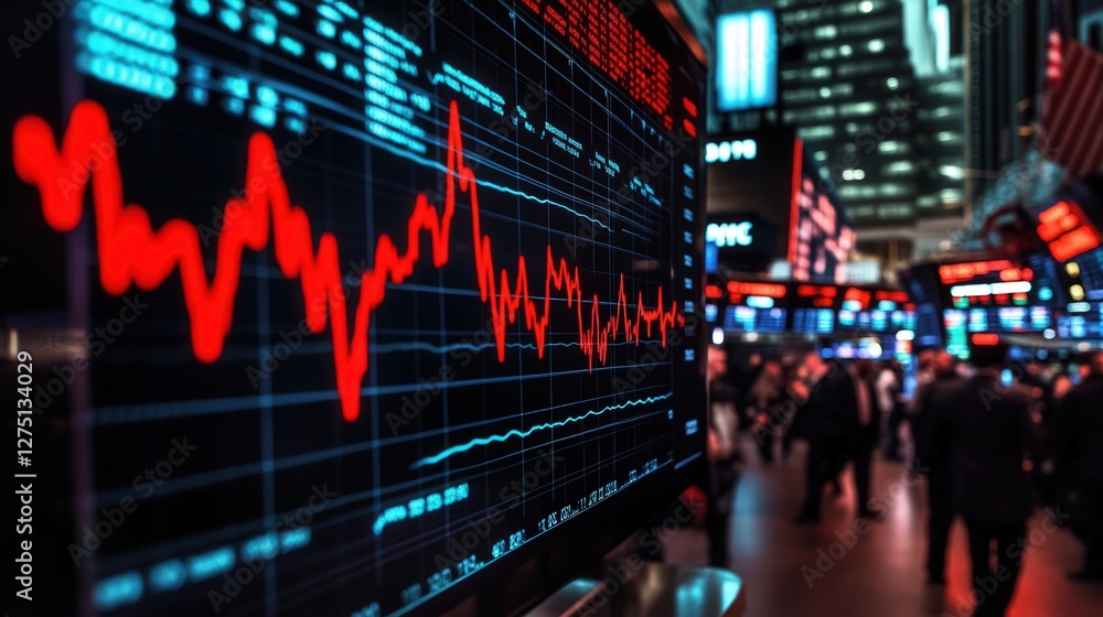 floating heartbeat graph fluctuates wildly above a financial hub, its unstable rhythm mirroring the panic of traders on the stock exchange floor floating heartbeat graph fluctuates wildly above a financial hub, its unstable rhythm mirroring the panic of traders on the stock exchange floor