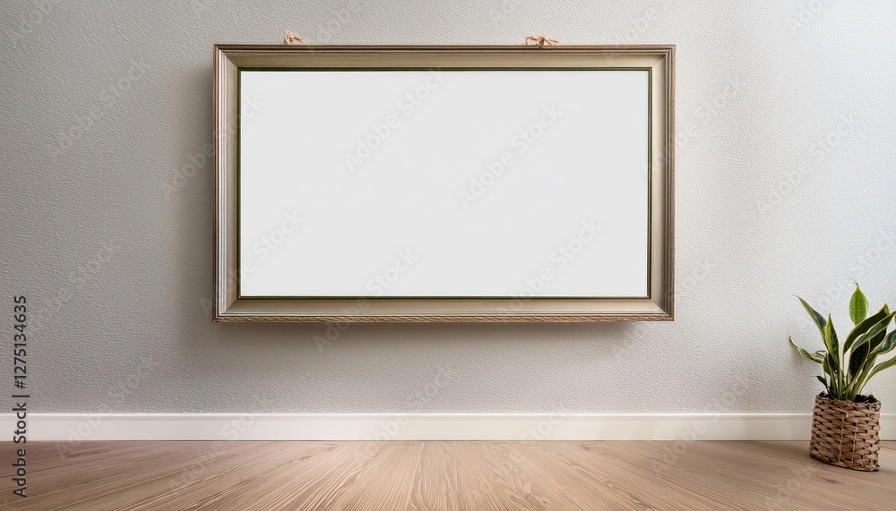 Mock up of a Blank Frame Hanging on Wall in a Minimalist Loft at Twilight, Echoing a Sense of Anticipation and Clean Modern Aesthetic Mock up of a Blank Frame Hanging on Wall in a Minimalist Loft at Twilight, Echoing a Sense of Anticipation and Clean Modern Aesthetic