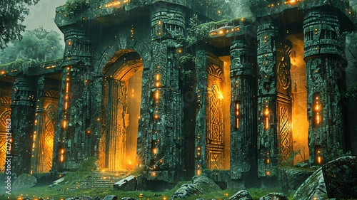 Ancient stone temple illuminated by glowing orbs, surrounded by lush forest and misty atmosphere