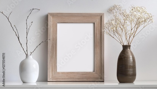 Elegant White Vignette Minimalist Dry Twigs Arranged in a Rustic Frame, Complemented by Stacked Books on a Crisp Desk or Book Shelf, Creating a Peaceful and Calming Scene.