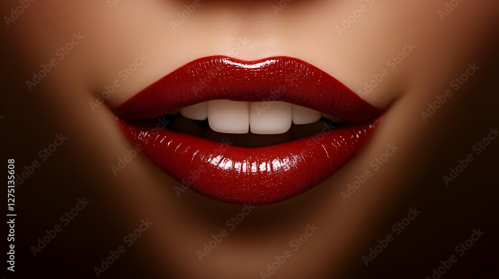 Close-up shot of glossy red lips with a subtle smile, showcasing elegance and allure in beauty and fashion. Close-up shot of glossy red lips with a subtle smile, showcasing elegance and allure in beauty and fashion.