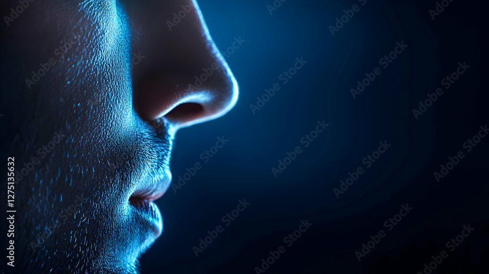 Close-up side profile of a person illuminated by soft blue light, emphasizing facial features and creating a dramatic mood. Close-up side profile of a person illuminated by soft blue light, emphasizing facial features and creating a dramatic mood.