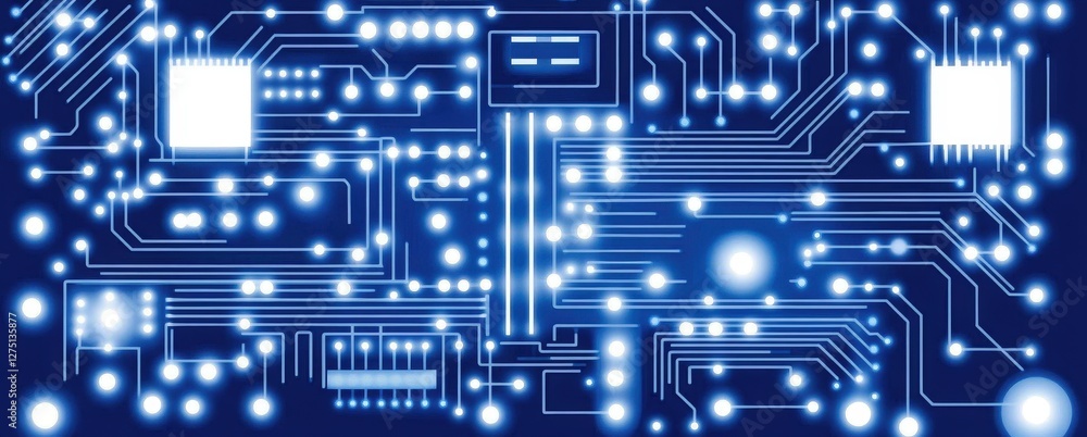 Blue digital tech circuit board with glowing lights for a banner or background Blue digital tech circuit board with glowing lights for a banner or background
