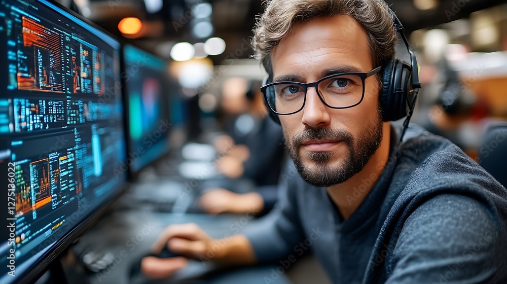 Focused IT professional working in server room Focused IT professional working in server room