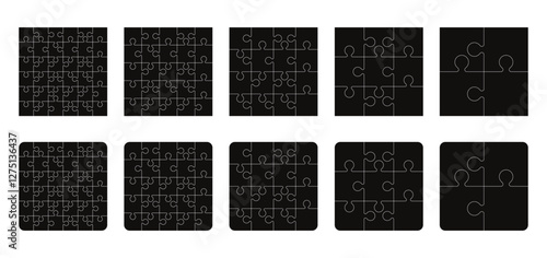 Puzzle pieces square 4x4, 5x5, 6x6, 3x3, isolated on white background. Jigsaw puzzle game vector template with right angles, rounded.