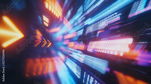 Abstract futuristic motion with glowing colorful arrows moving forward at high speed