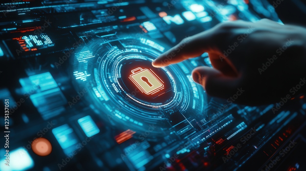digital cybersecurity interface with a glowing lock icon, as a hand points towards it on a dark, high-tech background digital cybersecurity interface with a glowing lock icon, as a hand points towards it on a dark, high-tech background