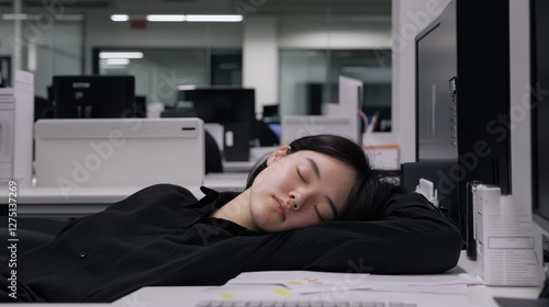 A humorous scene of an office worker secretly napping at their desk