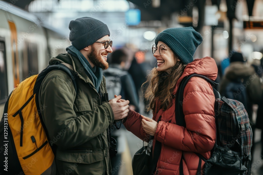 A couple with travel bags chatting and laughing as they wait on a busy train platform. A couple with travel bags chatting and laughing as they wait on a busy train platform.