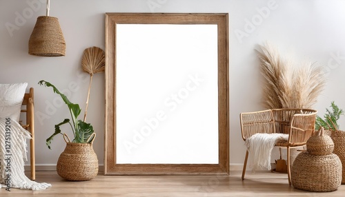 ScandiBoho Charm Whimsical White Room Accented with Natural Wood Furniture and Textured Wall Art, Evoking a Cozy Eclectic Atmosphere