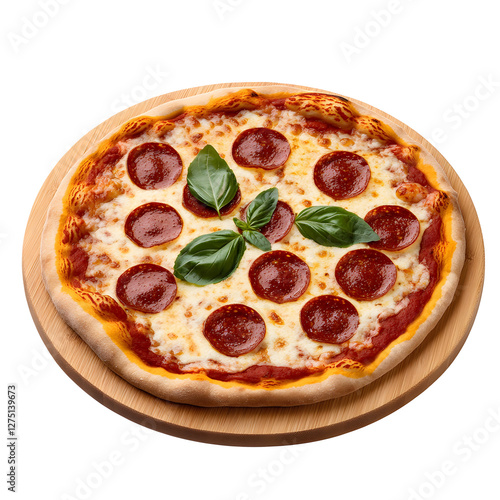 Delicious Pepperoni Pizza with Fresh Basil on a Wooden Board against transparent Backdrop