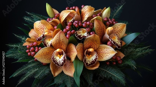 Orchids bouquet with berries and greenery, still life, dark background, for holiday card