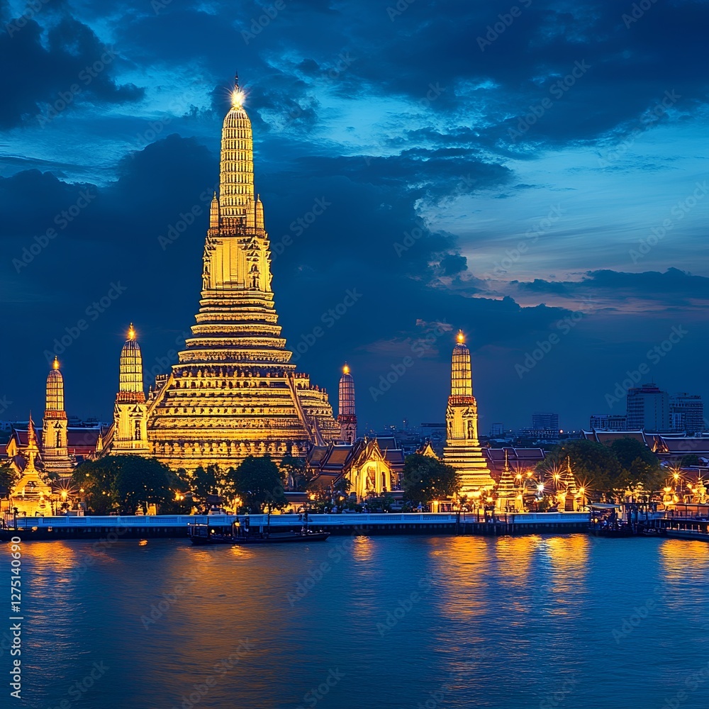 Naklejka premium Wat Arun Temple Illuminated at Night