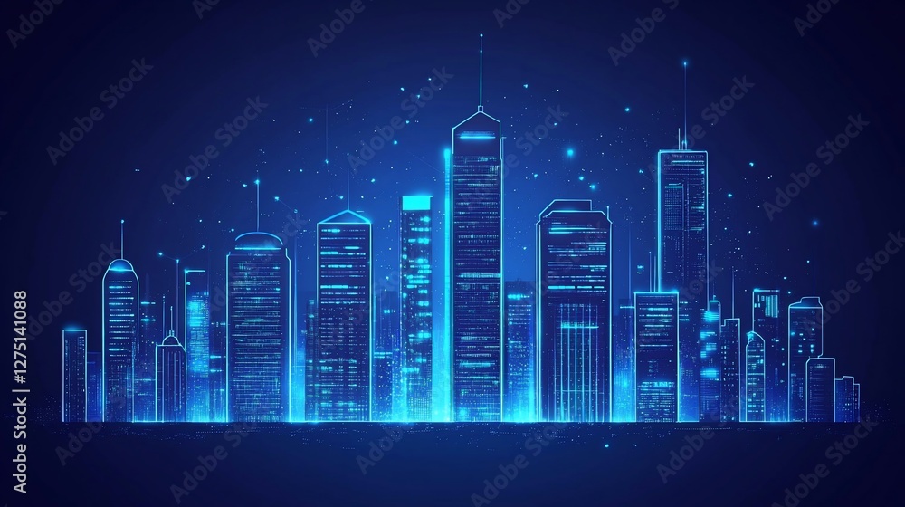 Fototapeta premium Futuristic Cityscape with Glowing Blue Outlines on a Dark Background Concept Design