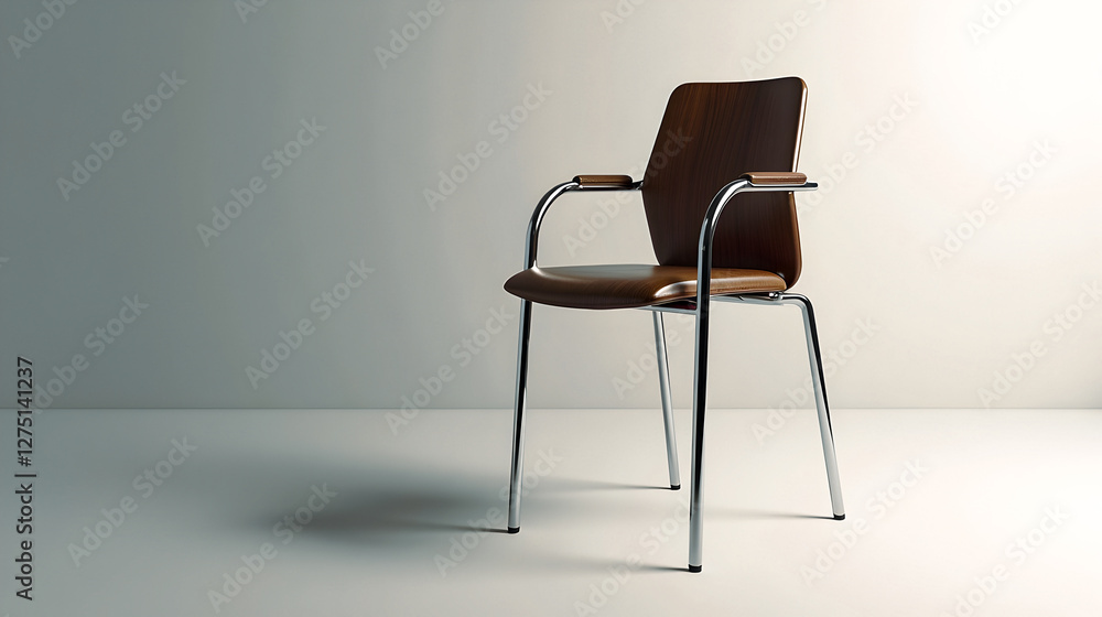 Obraz premium Sleek modern armchair, brown leather seat and wood back, minimalist chrome legs. Perfect for contemporary interiors.
