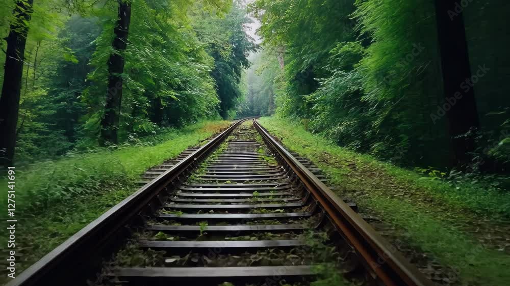 Forest view along train tracks captures nature's beauty in a seamless time lapse journey, forest view on the train track seamless ing time lapse virtual video Background Forest view along train tracks captures nature's beauty in a seamless time lapse journey, forest view on the train track seamless ing time lapse virtual video Background