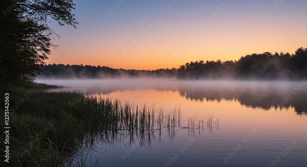 Fototapeta premium Foggy Sunrise Over a Lake