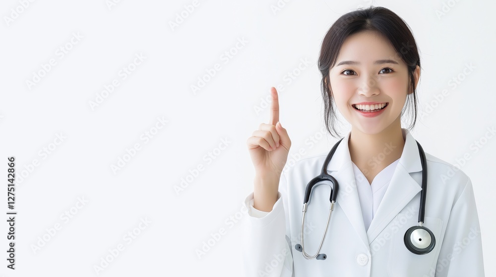 Portrait of An Asian female doctor smiling and pointing up with her finger, isolated on a white background. Portrait of An Asian female doctor smiling and pointing up with her finger, isolated on a white background.