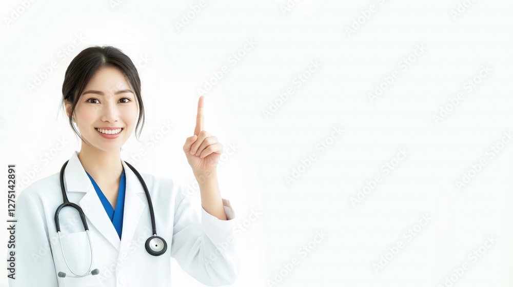 Portrait of An Asian female doctor smiling and pointing up with her finger, isolated on a white background. Portrait of An Asian female doctor smiling and pointing up with her finger, isolated on a white background.