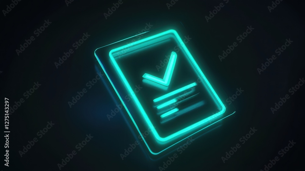 neon document icon with a checkmark in green, signifying the success of an audit or review, with a sleek and digital look. neon document icon with a checkmark in green, signifying the success of an audit or review, with a sleek and digital look.