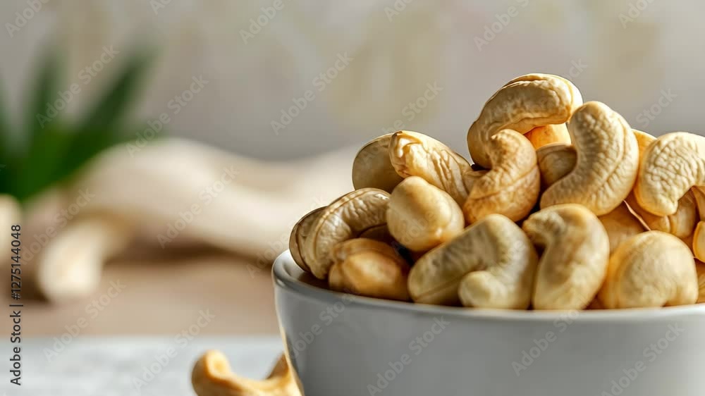 Cashew nuts displayed in a white bowl set against a softly blurred background for a natural ambiance, cashew nut on white bowl with blur background video stock Cashew nuts displayed in a white bowl set against a softly blurred background for a natural ambiance, cashew nut on white bowl with blur background video stock