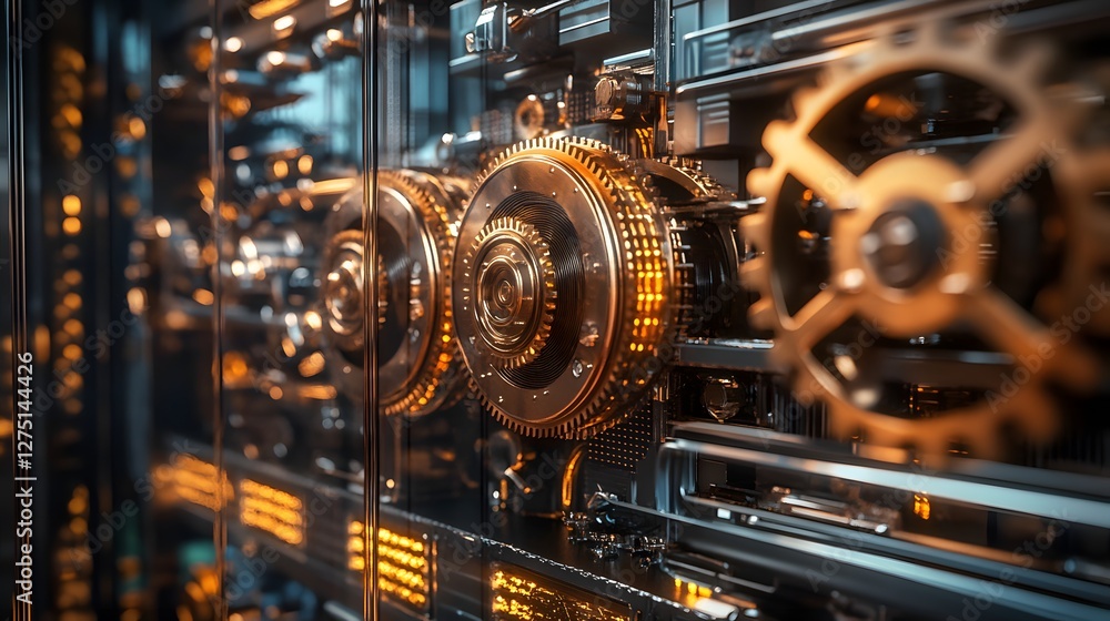 A close-up view of intricate gears and machinery showcasing advanced technology in a high-tech environment. Perfect for illustrating concepts of innovation and engineering. A close-up view of intricate gears and machinery showcasing advanced technology in a high-tech environment. Perfect for illustrating concepts of innovation and engineering.