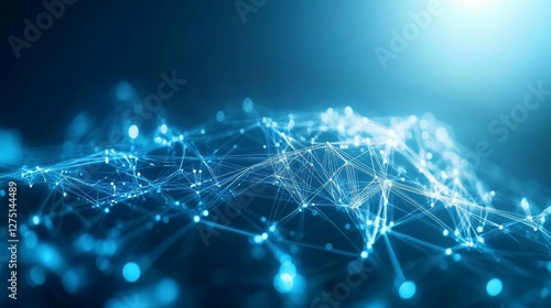 Abstract network of interconnected glowing blue lines and dots on dark background