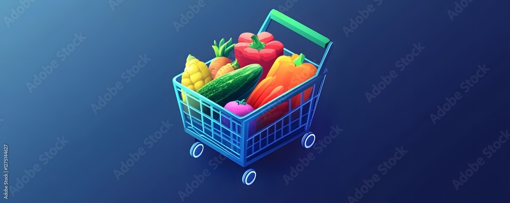 Obraz premium A colorful shopping cart filled with fresh fruits and vegetables, symbolizing healthy eating and a vibrant lifestyle