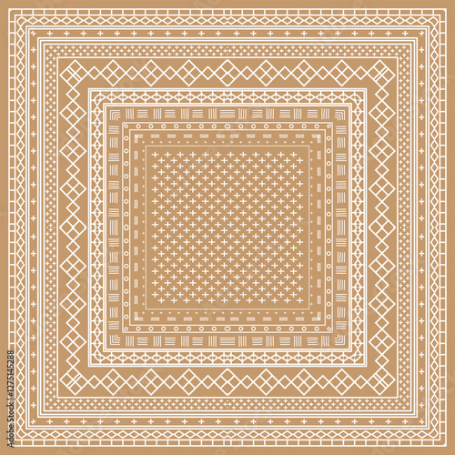 A geometric square print pattern featuring layered borders of white designs on a warm beige background, creating a textured, elegant look.
