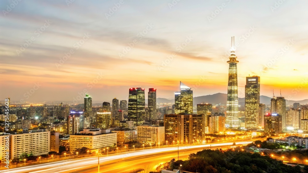 Naklejka premium Long exposure photography unveils Seoul's sunset skyline, a breathtaking cityscape panorama bathed in golden light.