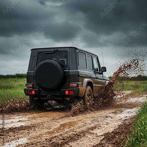 Spare tire cover on an off-road car driving through a muddy trail, with water splashes and a dramatic sky in the background, capturing the excitement of off-roading