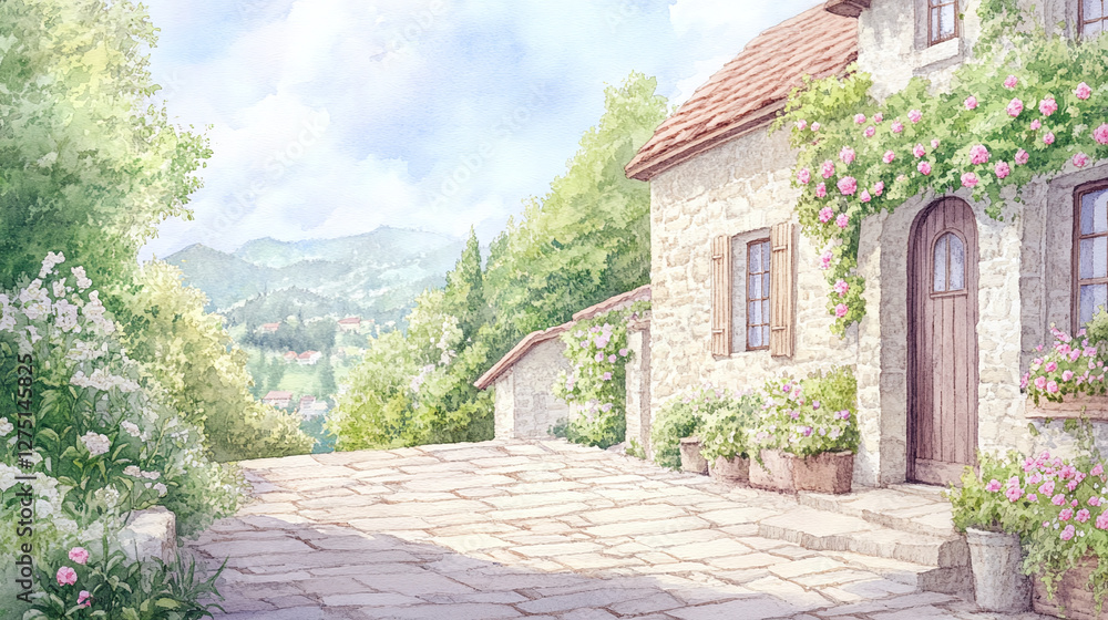 Charming Watercolor Village House with Blooming Roses Charming Watercolor Village House with Blooming Roses
