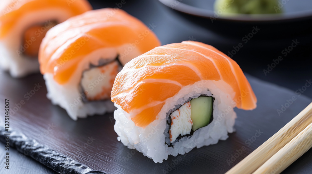 Salmon Sushi: Close-up shot of beautifully crafted sushi rolls, showcasing fresh salmon draped over a bed of rice and savory fillings, garnished with chopsticks. Salmon Sushi: Close-up shot of beautifully crafted sushi rolls, showcasing fresh salmon draped over a bed of rice and savory fillings, garnished with chopsticks.