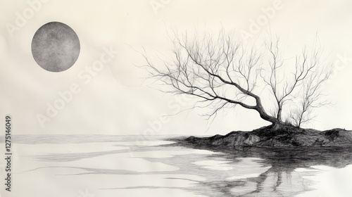 Bare Tree Moonlit Shore, Pencil Drawing