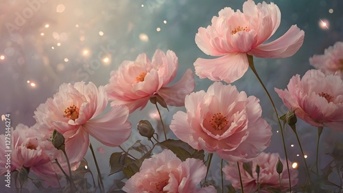 Dreamy Pink Peonies  Floral Background  Soft Bokeh Lights