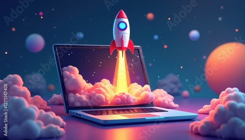 Fototapeta Naklejka Na Ścianę i Meble -  Laptop with rocket launching out of screen with clouds. Concept of business startup, high tech innovation, creative idea, space tech development and successful marketing campaign.