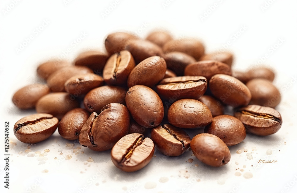 Naklejka premium Watercolor close-up illustration of pile of shiny brown coffee beans isolated on transparent background. Good for hot invigorating drink presentations, food ingredient ads.