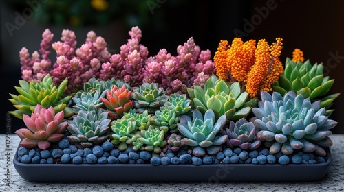 Colorful succulent arrangement in planter, vibrant display of different succulents, outdoor setting. Possible use Stock photo